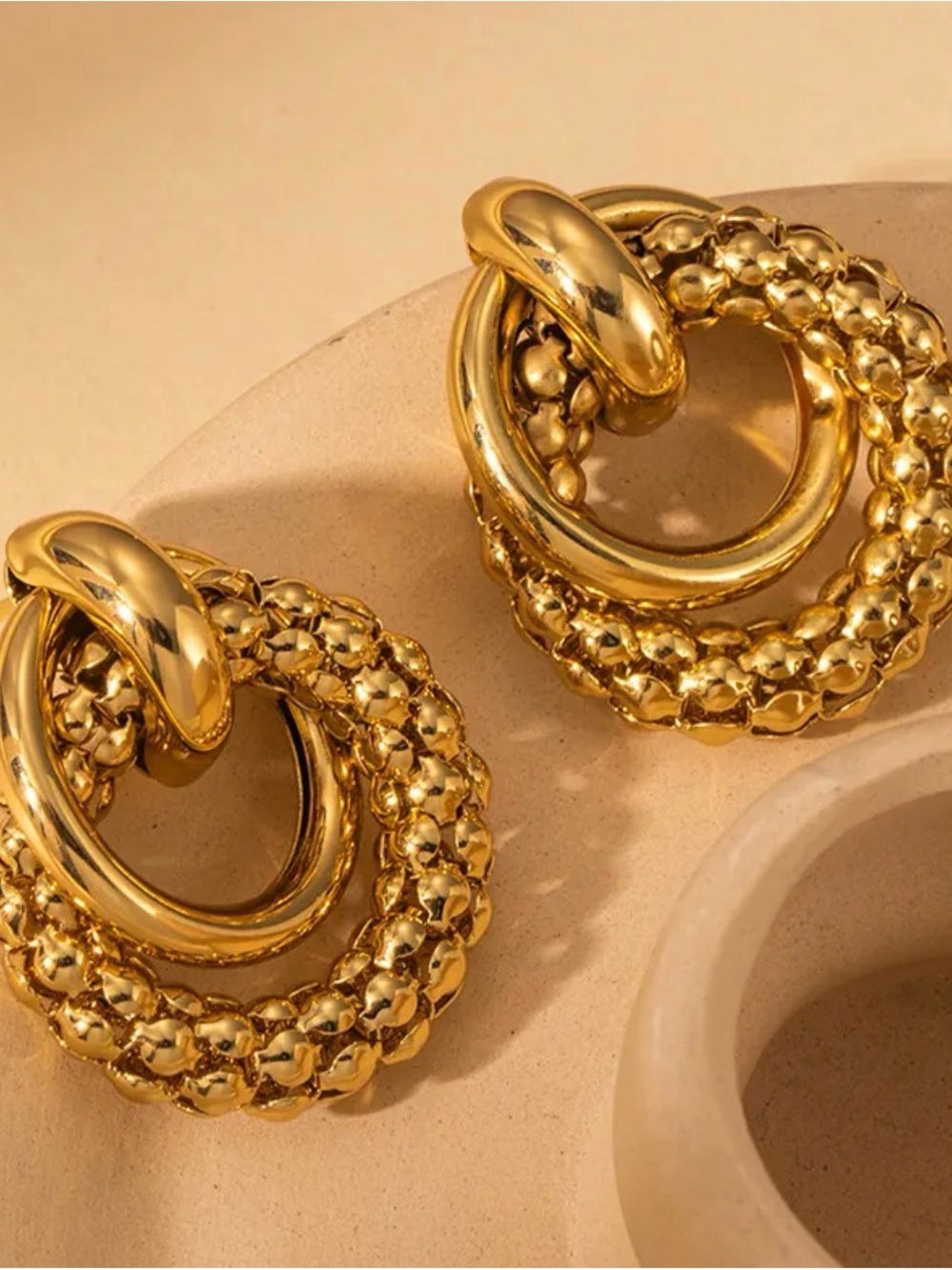 18k Gold chunky Double Ring Statement Earrings - Women Jewelry